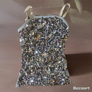 SZ 6 Girls Silver Sequin Stretch Tank Top